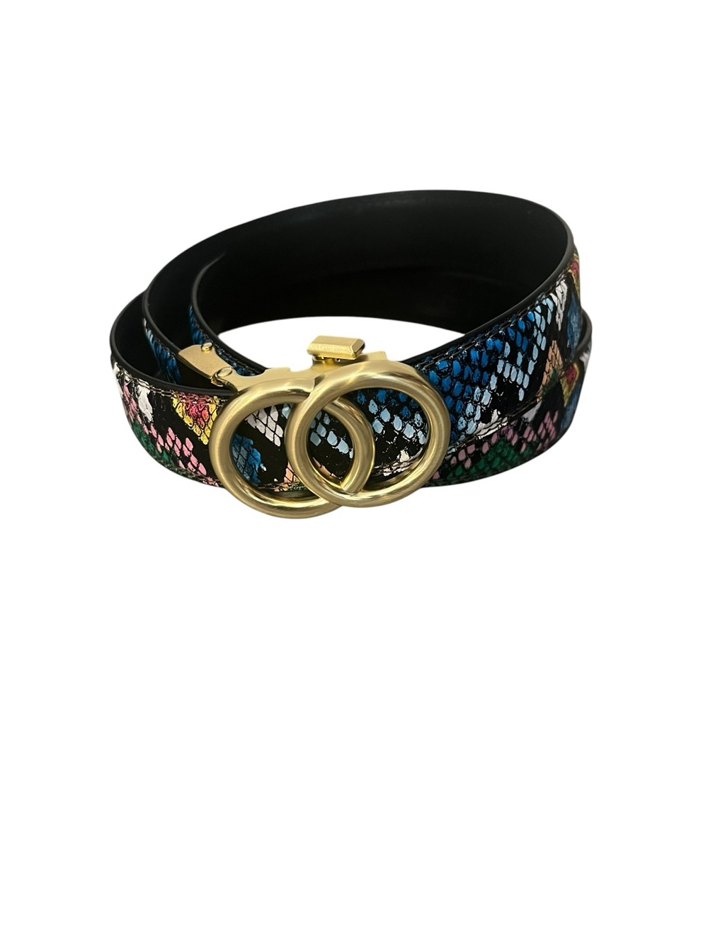 Anson Vegan Leather Multicolored Python Print Ratchet Belt & Gold Tone Buckle